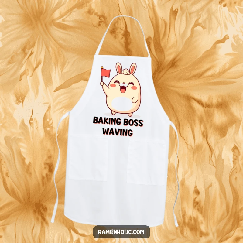 Funny bao bun character apron, cheerfully waving a tiny flag, adding a playful and humorous element to kitchen wear.