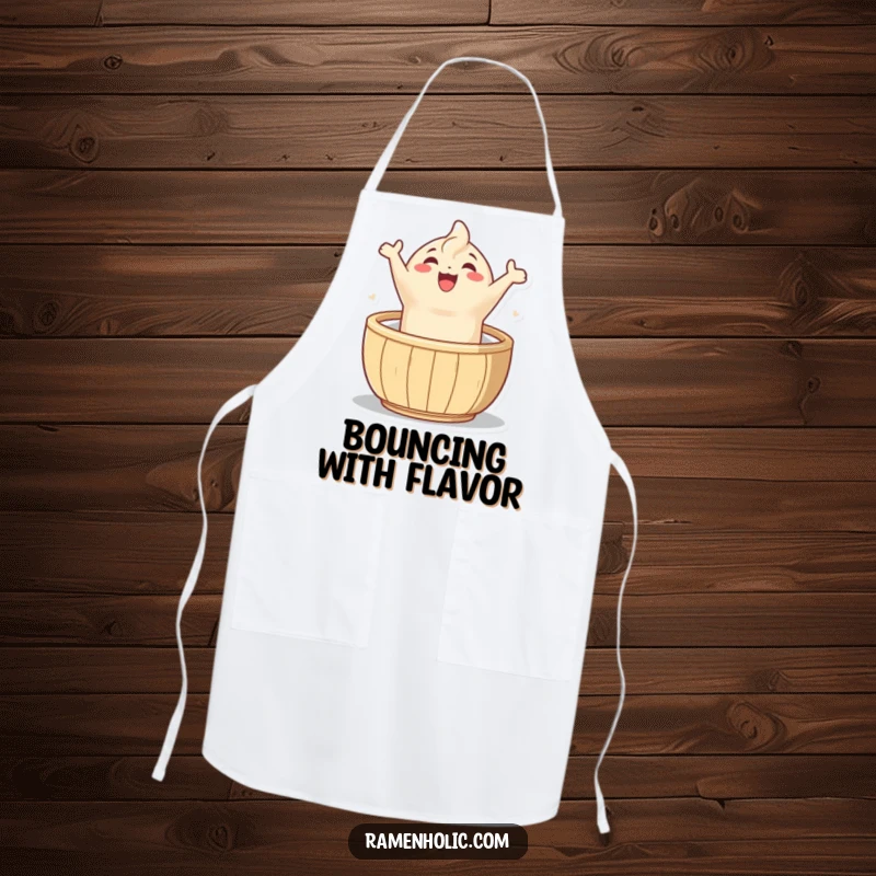 Funny dumpling leap apron, keeping chefs clean with a joyful character escaping a steamer, perfect for foodie fun.