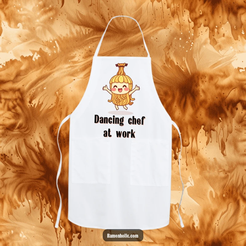 Funny apron showing a single ramen noodle character doing a happy dance, a humorous and practical accessory for cooks.