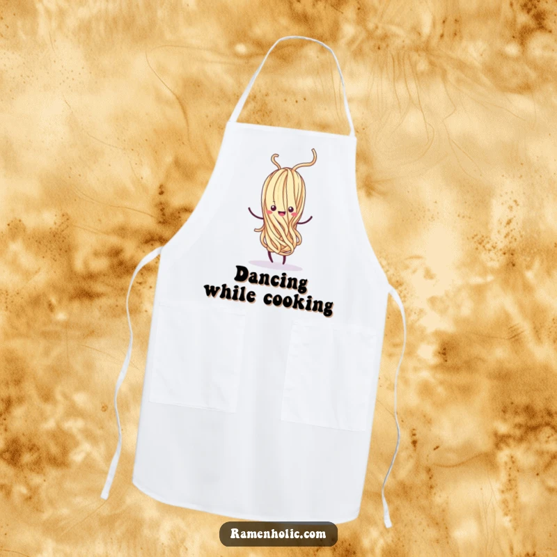 Funny Kawaii noodle strand dancing whimsically, with a happy swirl while cooking, a humorous culinary protector, perfect funny gift.