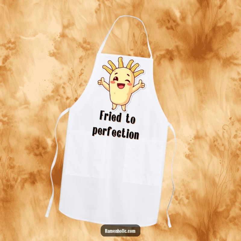 Funny tempura apron, a smiling character doing a triumphant pose with crispy extensions while cooking, adding humor.