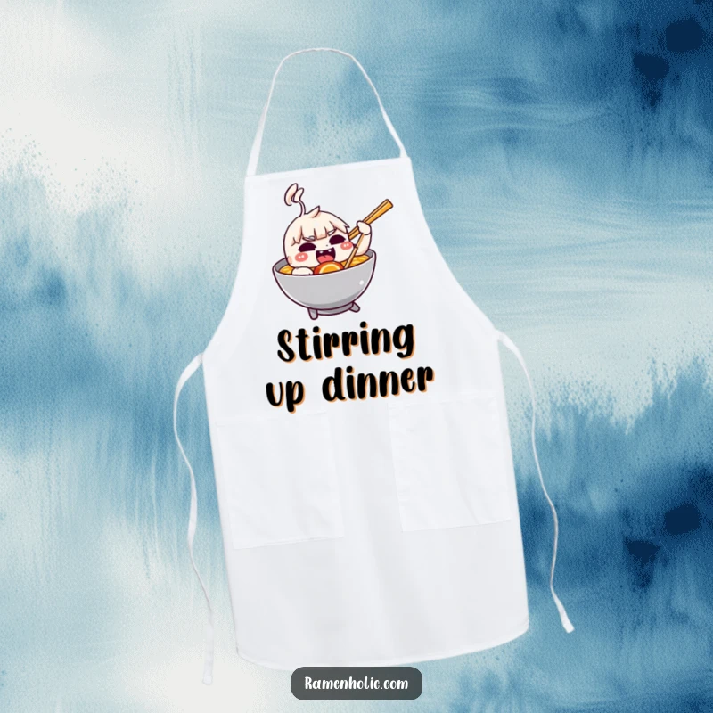 Funny apron with a mischievous chopstick character playfully nudging a bowl of ramen.