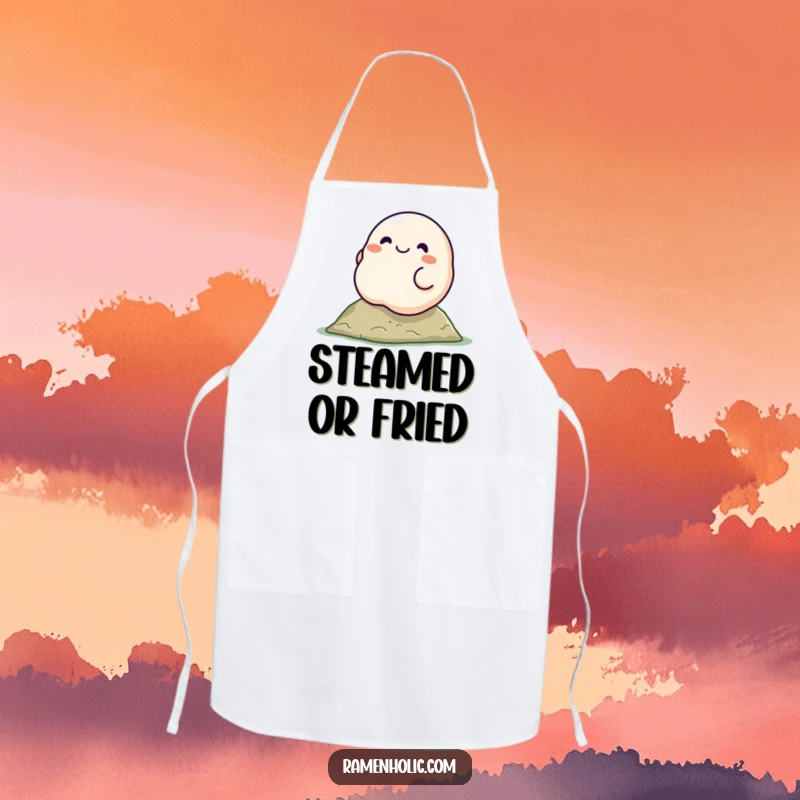 Funny dumpling character apron, smiling and rolling down a hill, adding a playful and humorous element to kitchen wear.