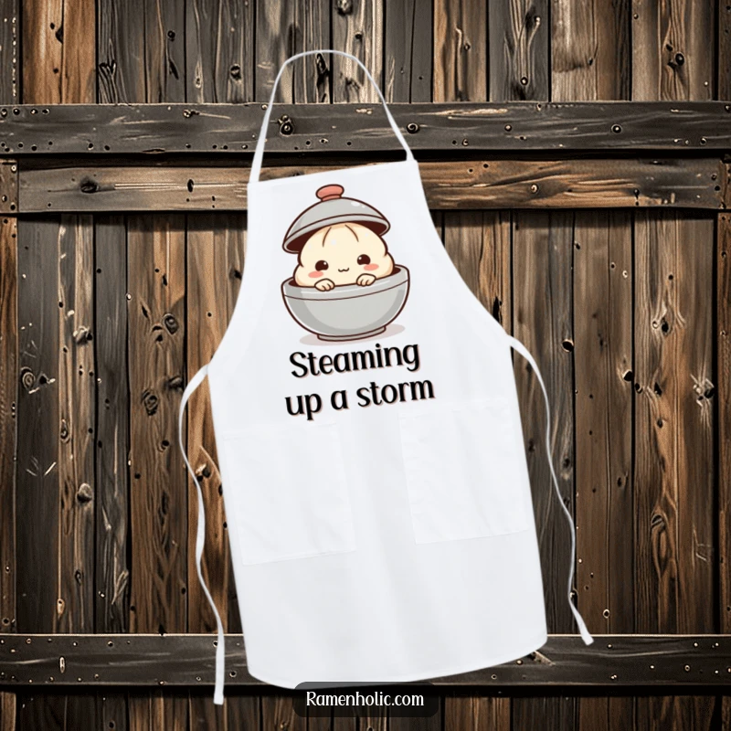 Funny dumpling apron with a shy dumpling peeking from behind a steaming lid, for a playful kitchen.