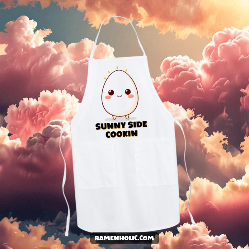 Funny apron showcasing a cheerful egg character with a sunny side up smile, adding fun to cooking and kitchen activities.