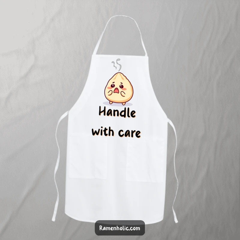 Funny gyoza apron, a surprised character with steam puffing out while cooking, adding a humorous twist.