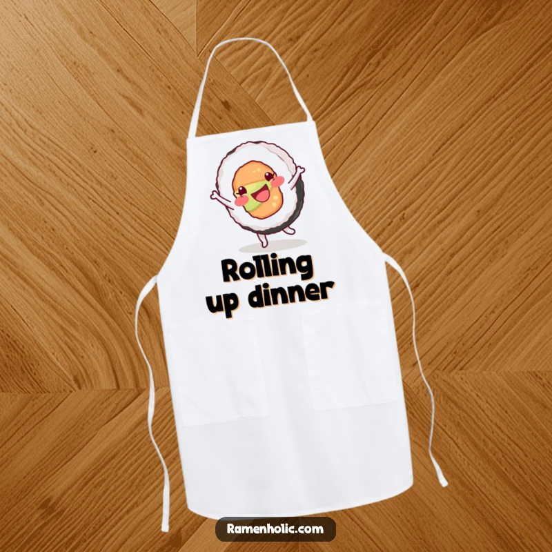 Funny apron design featuring a happy sushi roll character cartwheeling with joy, adding a playful and humorous element to kitchen wear.
