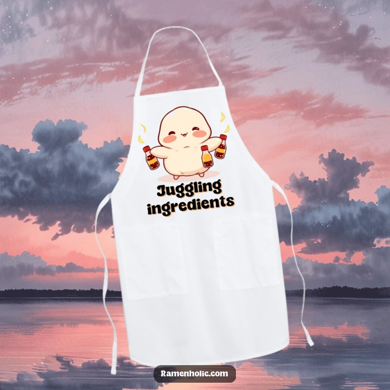 Funny Kawaii dumpling with rosy cheeks, juggling soy sauce bottles while cooking, a humorous culinary protector, perfect funny gift.