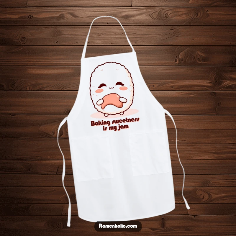 Funny Kawaii Rice Ball Apron for cooking, with a blushing character accepting a sweet treat, a great gift.