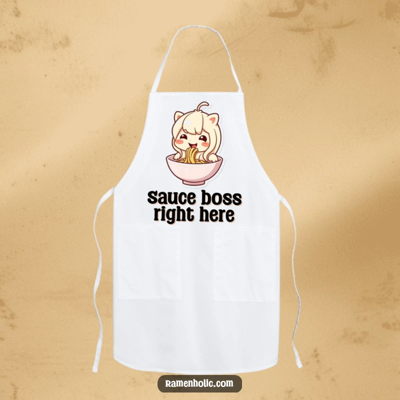 Funny noodle character apron, happily slurping from its bowl, adding a humorous touch to kitchen attire.