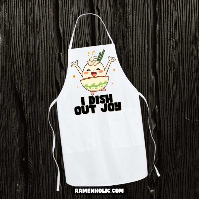 Funny apron featuring a happily leaping ramen bowl character, adding a playful and humorous touch to cooking and meal preparation.