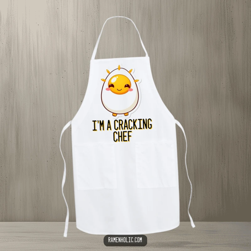 Funny apron adorned with a cheerful sunny side up egg character, making kitchen duties a delightful and humorous experience.