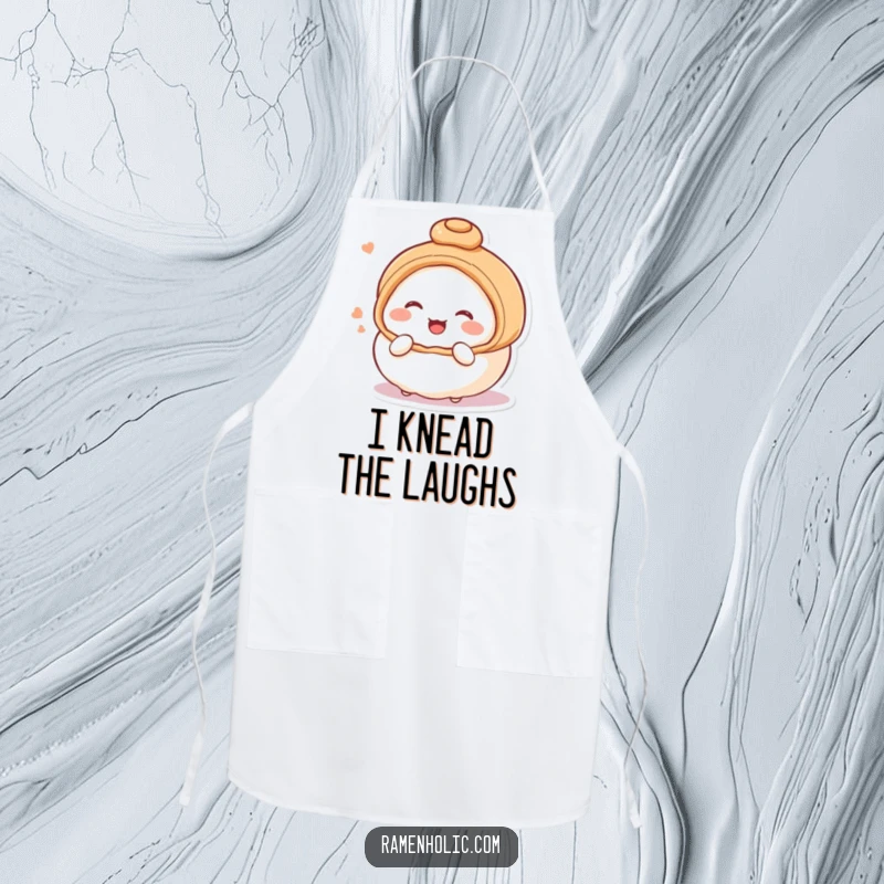 Funny apron featuring a blushing, giggling steamed bun character, adding a humorous and charming touch to cooking activities.