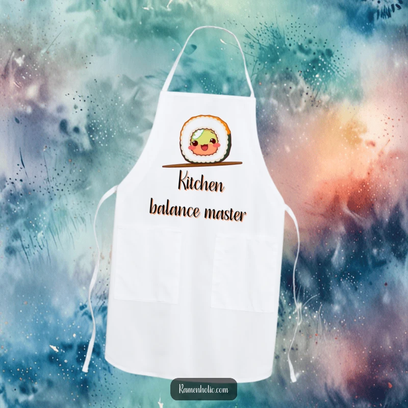 Funny sushi roll balancing on a chopstick, featured on a cooking apron to bring humor to meal preparation.