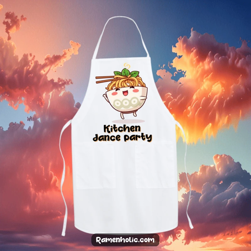 Funny ramen bowl character apron, dancing with chopsticks, adding a playful and humorous element to kitchen wear.