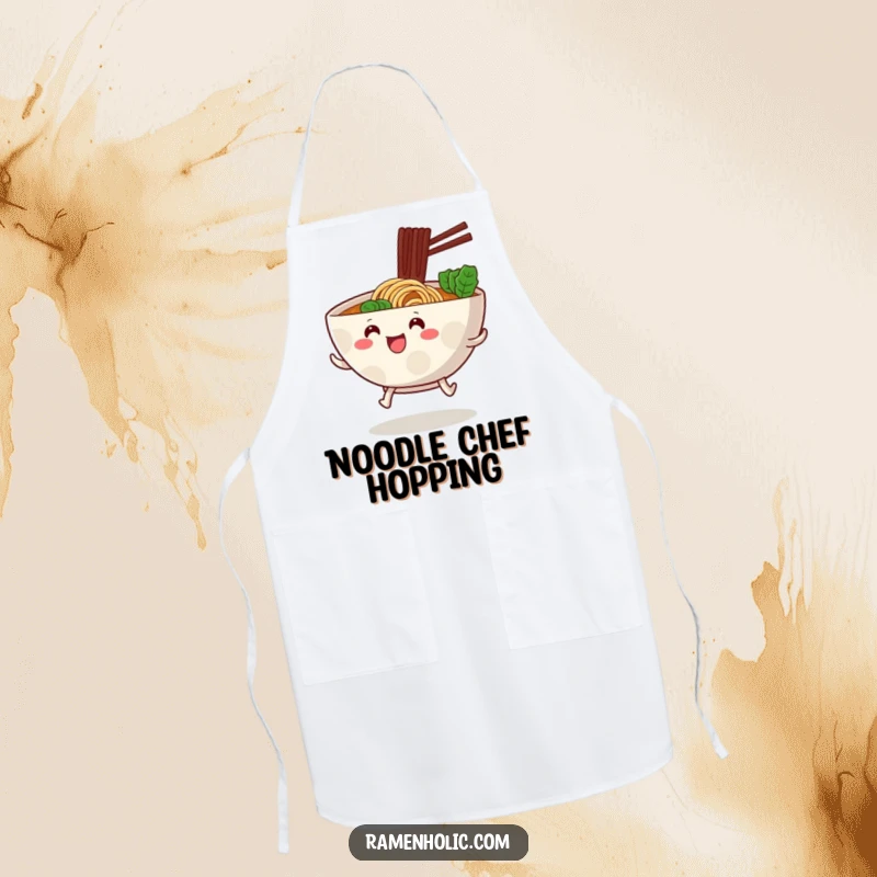 Funny ramen bowl with little stubby legs, excitedly hopping forward, on a cute foodie kitchen apron.