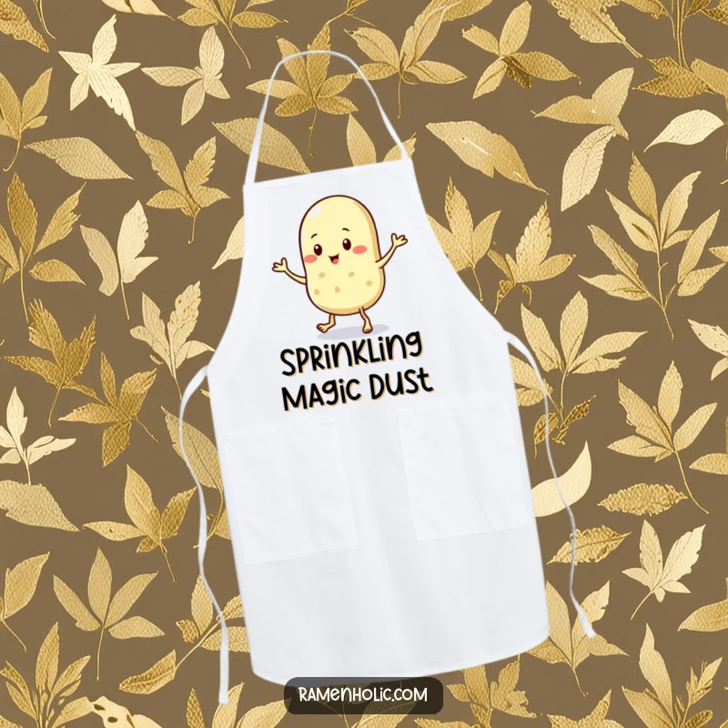 Funny apron adorned with a sesame seed character doing a lively jig, bringing a small dose of big fun to kitchen tasks.