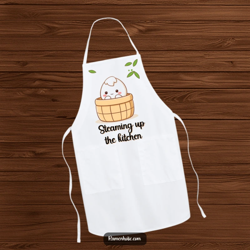 Funny shy mochi character peeking from a steaming bamboo steamer, cute kawaii apron, practical and humorous kitchen gift for cooks.