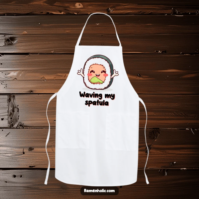 Funny sushi roll apron with tiny arms waving enthusiastically, a chef’s accessory bringing joy to cooking.