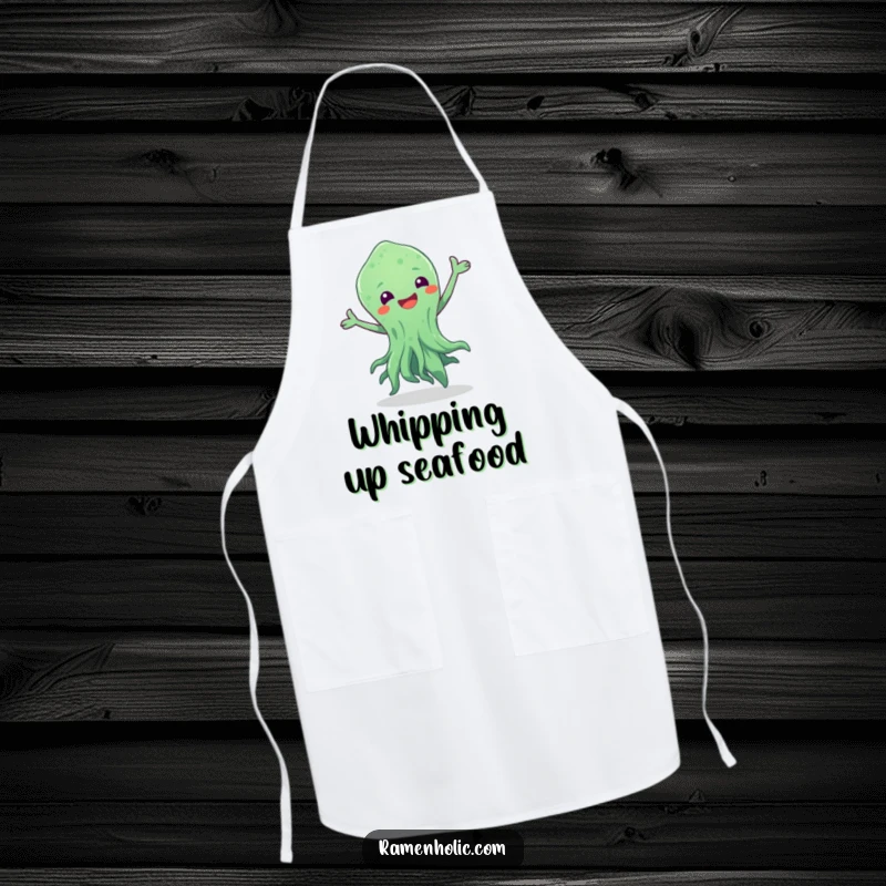 Funny apron featuring a seaweed character energetically dancing, bringing a playful and humorous vibe to kitchen tasks.
