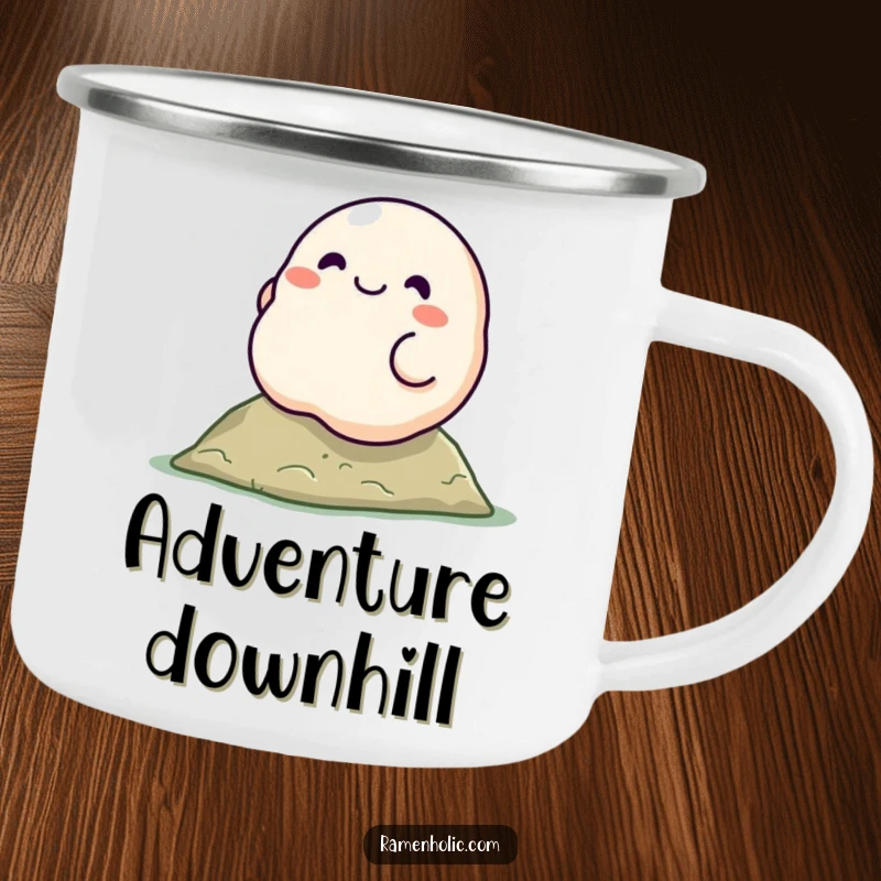 Funny dumpling character camping mug, smiling and rolling down a hill, designed for outdoor fun and humor.
