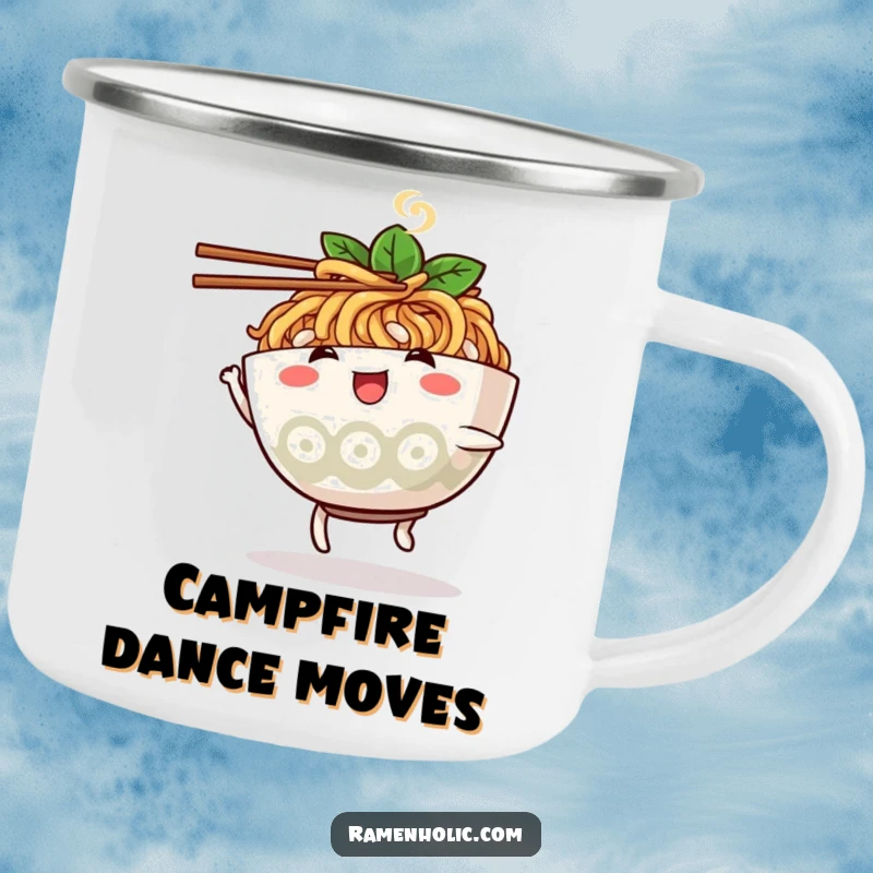 Funny ramen bowl character camping mug, dancing with chopsticks, designed for outdoor fun and humor.