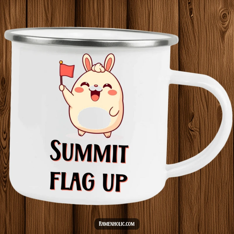 Funny bao bun character camping mug, cheerfully waving a tiny flag, designed for outdoor fun and humor.