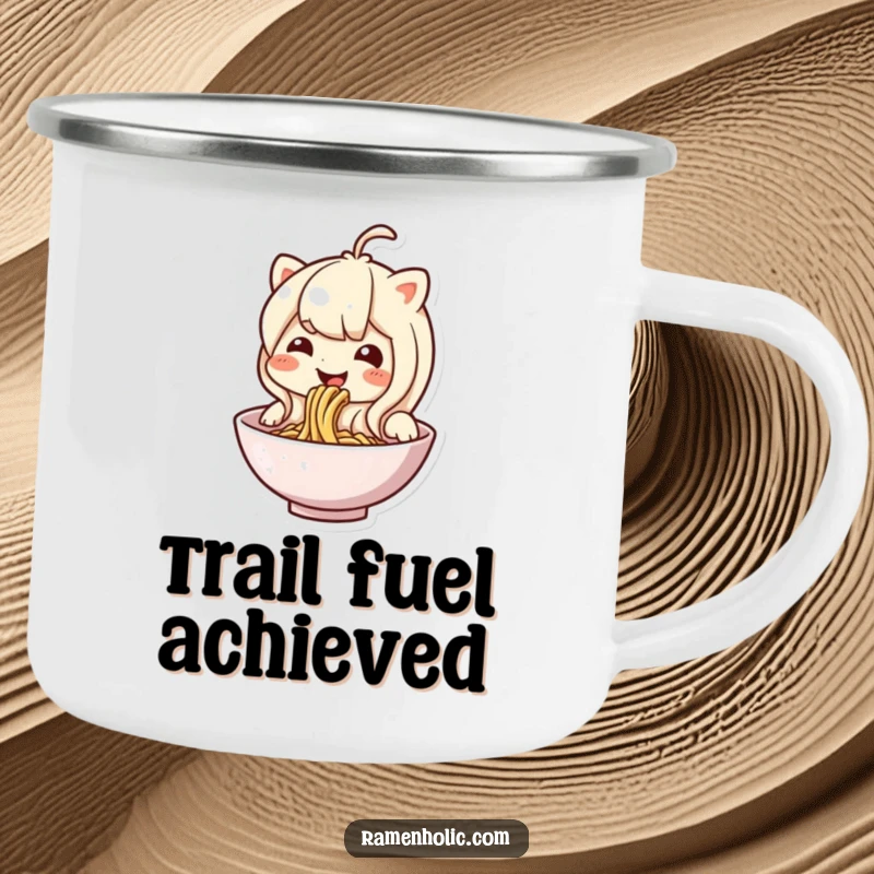 Funny noodle character camping mug, gleefully slurping, designed for outdoor enjoyment and adding humor to adventures.