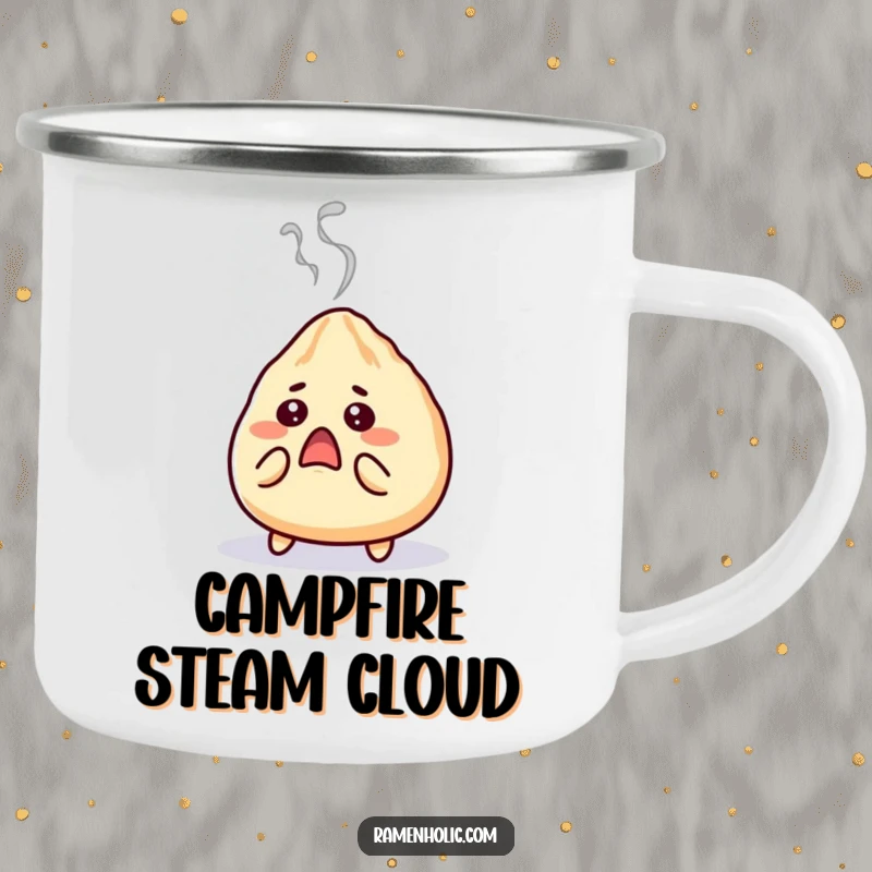Funny gyoza camping mug, a surprised character with steam puffing out, perfect for outdoor adventures with a humorous surprise.