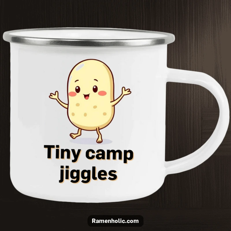 Funny camping mug showcasing a sesame seed character in a lively jig, perfect for enjoying beverages during outdoor escapades.