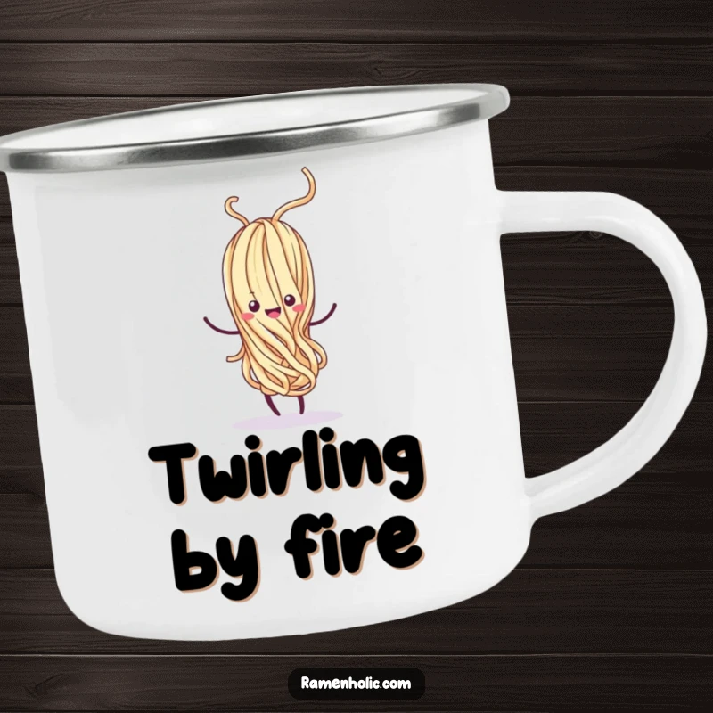 Funny Kawaii noodle strand dancing whimsically, with a happy swirl around a campfire, durable enamel, outdoor food fun, perfect funny gift.