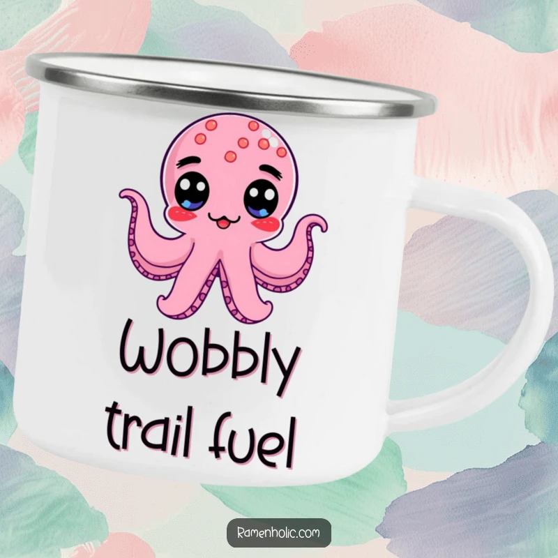 Funny Kawaii Octopus Wiener Camping Mug with a googly-eyed character wobbling, perfect for travel gift.