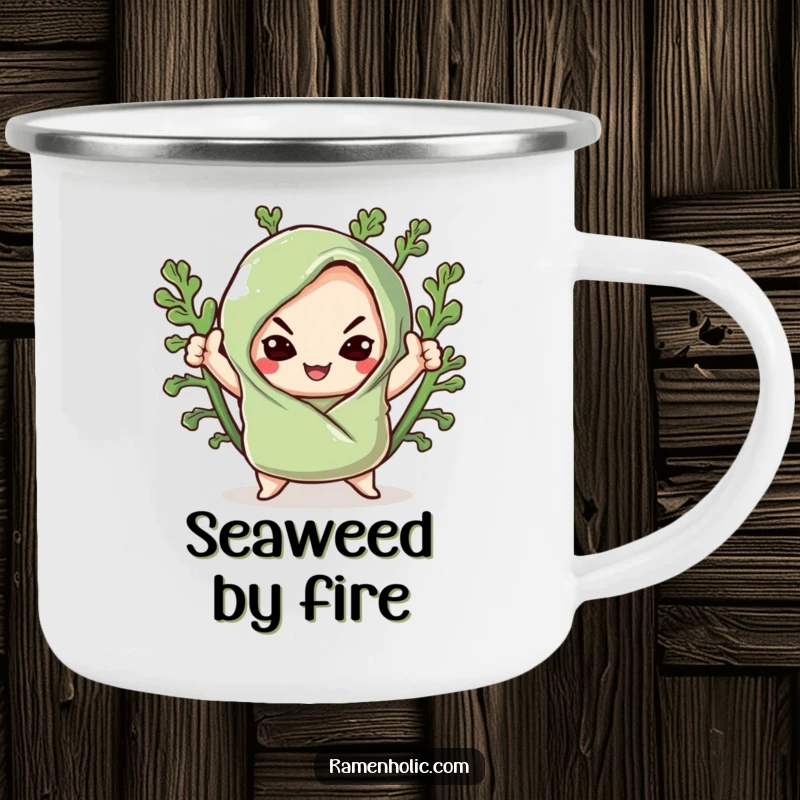 Funny camping mug with a kawaii seaweed wrap striking a dramatic pose with a smug smile, perfect for outdoor enjoyment with flair.