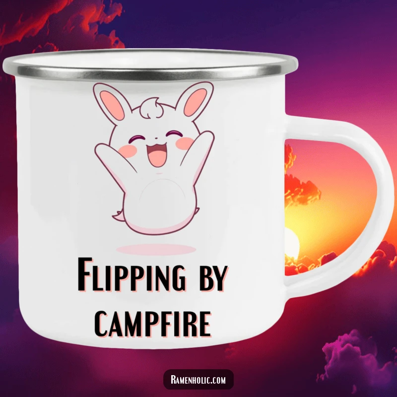 Funny nori camping mug with a piece of seaweed doing a somersault with glee, for outdoor fun.