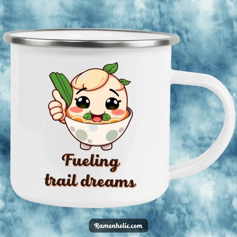 Funny camping mug with a smiling ramen bowl character giving a thumbs up, perfect for enjoying warm drinks outdoors.