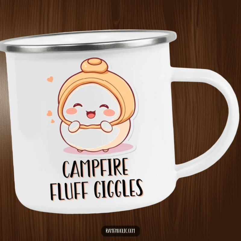 Funny camping mug featuring a blushing, giggling steamed bun character, perfect for enjoying beverages outdoors with a sweet smile.