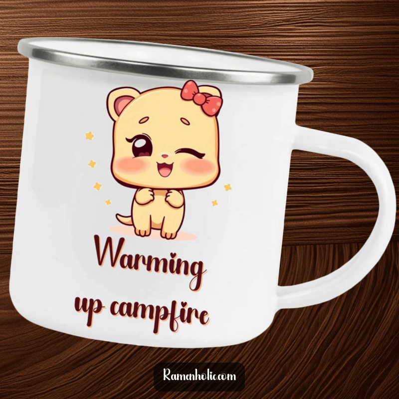 Funny camping mug with a ginger slice character winking playfully, perfect for enjoying warm beverages during outdoor excursions.