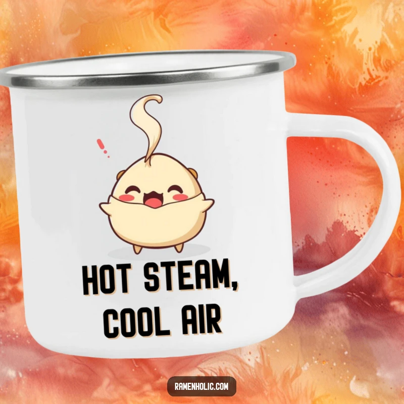 Funny gyoza steam camping mug, a robust mug featuring a surprised character with steam, ideal for outdoor fun.