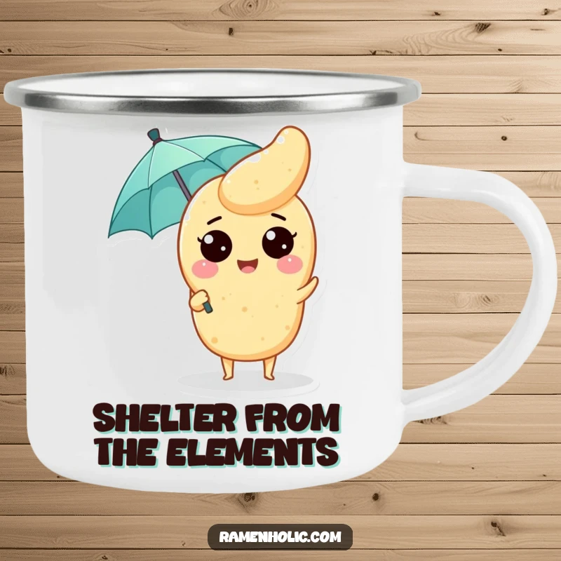 Funny Tempura Camping Mug: A happy tempura piece with a tiny umbrella, ready for outdoor brews and cheerful moments.