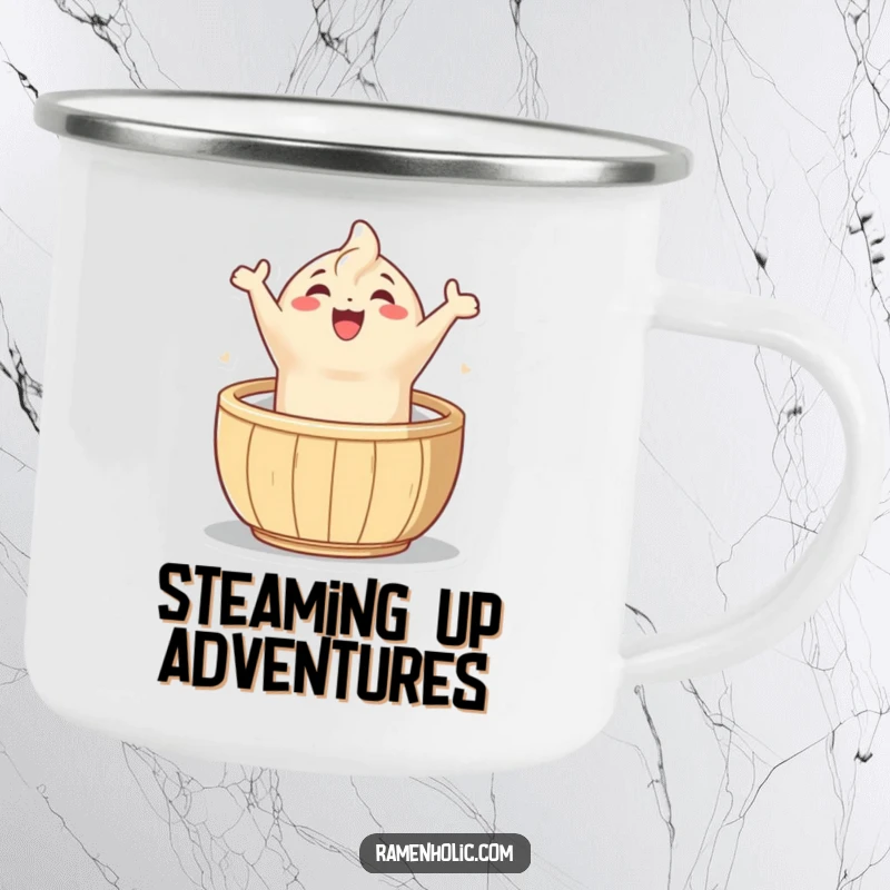 Funny dumpling leap camping mug, a robust mug featuring a joyful character leaping, perfect for outdoor enthusiasts.