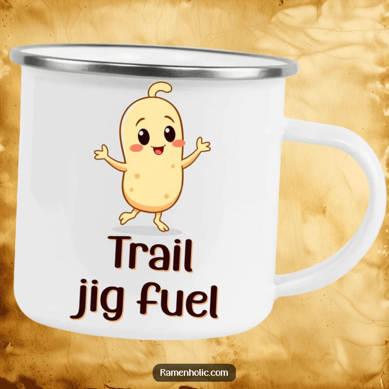 Funny Camping Mug showcasing a sesame seed character in a hilarious jig, perfect for outdoor enthusiasts.
