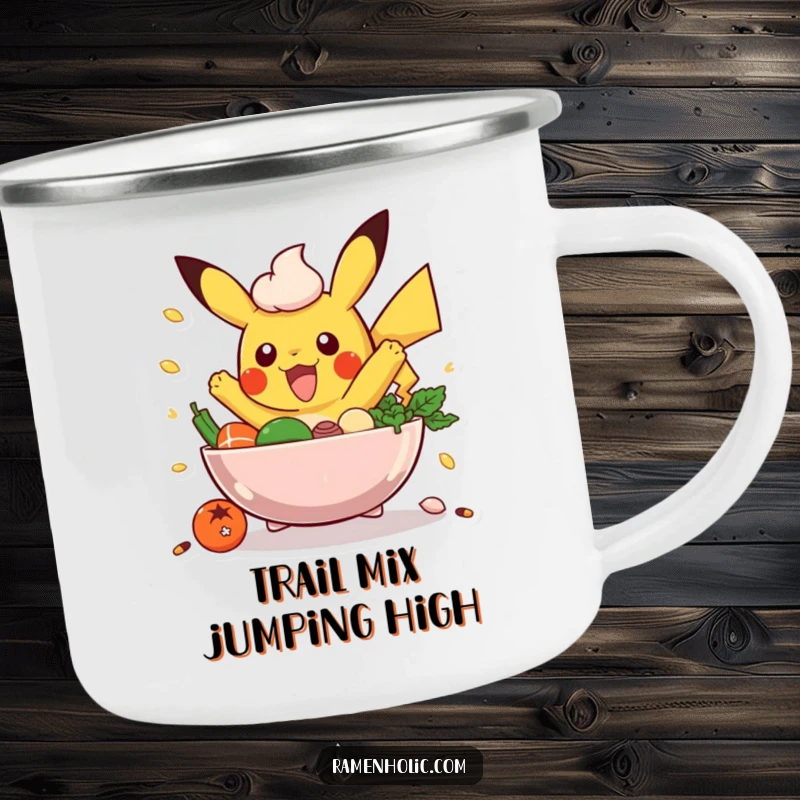 Funny Poke Bowl Camping Mug: An excited poke bowl character with ingredients jumping, ready for outdoor brews and fun.