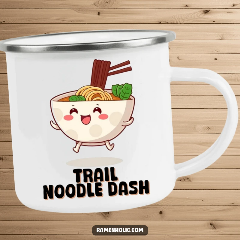 Funny ramen bowl with little stubby legs, hopping excitedly forward, on a durable cute foodie camping mug.
