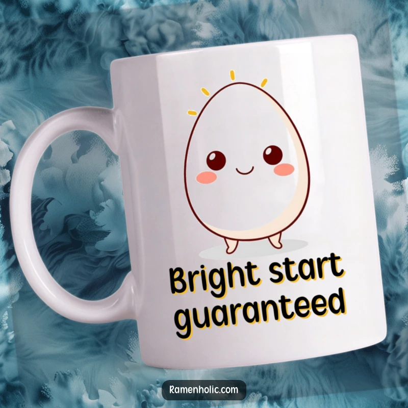 Funny mug featuring a cute egg character with a wide, sunny side up smile, radiating happiness and breakfast cheer.