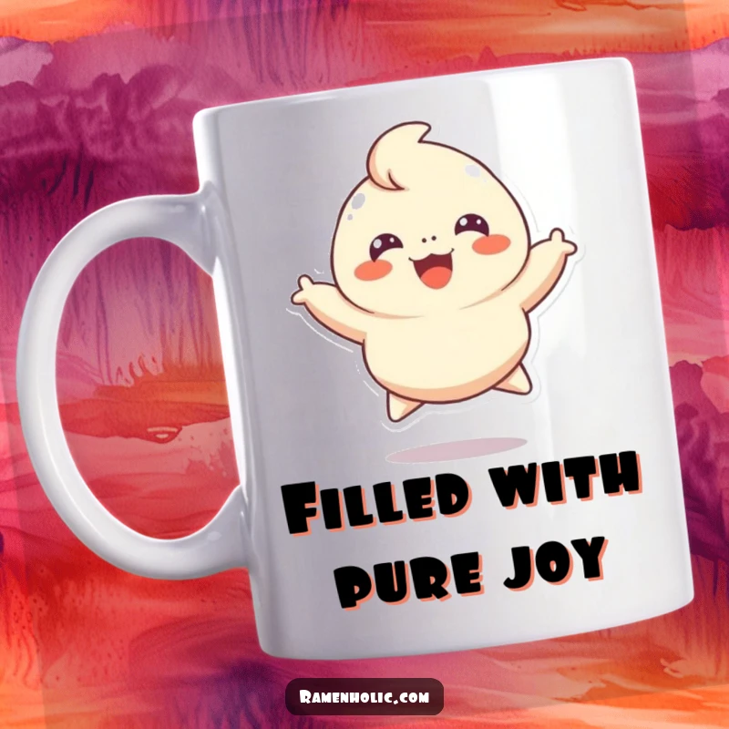Funny mug featuring a cheerful dumpling character mid-leap, with a wide smile and happy eyes, radiating pure joy and excitement.