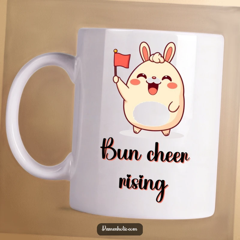 Funny bao bun character mug, cheerfully waving a tiny flag with glee, showcasing happiness and delight.