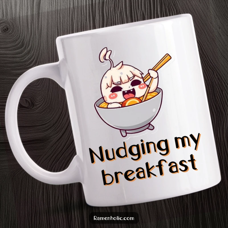 Funny mug with a mischievous chopstick character playfully nudging a delicious bowl of ramen.