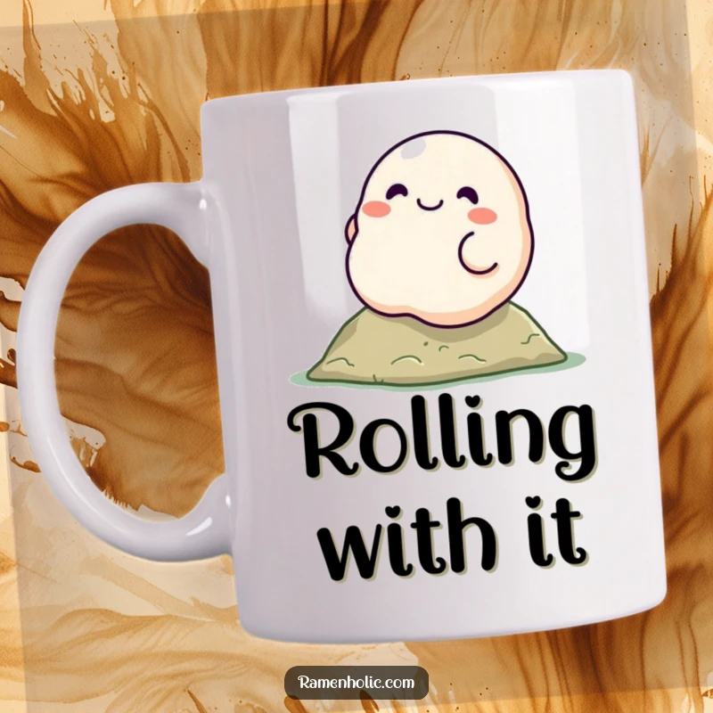Funny dumpling character mug, smiling and rolling down a hill, showcasing a whimsical and adorable scene.