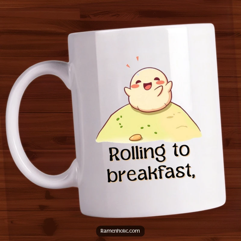 Funny happy dumpling character gleefully rolling down a hill, expressing pure joy and freedom, a delightful mug for food lovers.