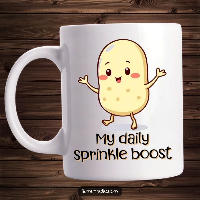 Funny mug depicting a tiny sesame seed character enthusiastically doing a happy jig, full of miniature dance moves and charm.